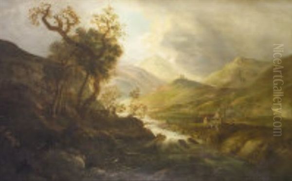 Figures In Mountain Landscape With Hilltop Fort In Distance Oil Painting by William Sadler the Younger