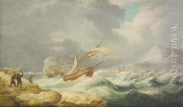 Shipping In Stormy Seas With Distant Port And Mountain Oil Painting by William Sadler the Younger