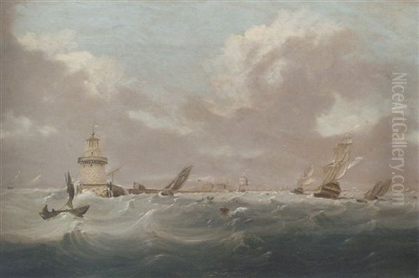 Shipping In Dublin Bay, With Poolbeg Lighthouse And The Sugar Loaf Beyond Oil Painting by William Sadler the Younger