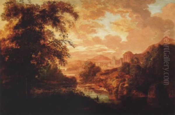 A Capriccio River Landscape With A Classical Town In The Distance At Sunset Oil Painting by William Sadler the Younger