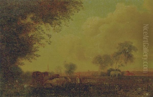 Figure Before Cattle In An Extensive Landscape Oil Painting by William Sadler the Younger