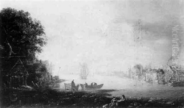 A Riverside Town, With Figures Unloading A Rowing Boat Into A Horse And Carriage Oil Painting by William Sadler the Younger