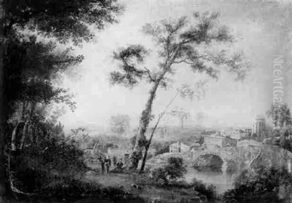 Figures Beside A Wooded River, A Capriccio Town Beyond Oil Painting by William Sadler the Younger