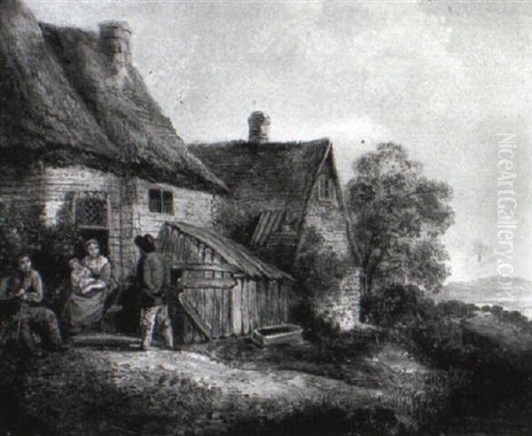 Figures By A Thatched Cottage In A Coastal Landscape Oil Painting by William Sadler the Younger