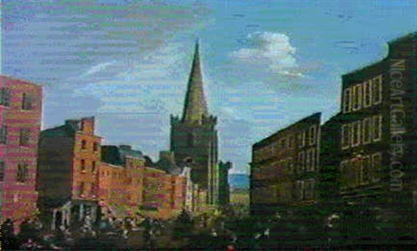 Merchant On Patrick Street, Dublin, With St. Patrick's      Cathedral And The Wicklow Mountains Beyond Oil Painting by William Sadler the Younger