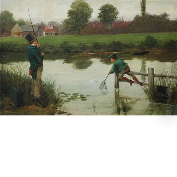 Father And Son Fishing Oil Painting by Walter Dendy Sadler