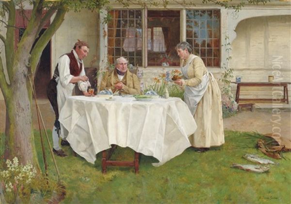 Garden Scene With A Gentleman Seated At A Table Oil Painting by Walter Dendy Sadler