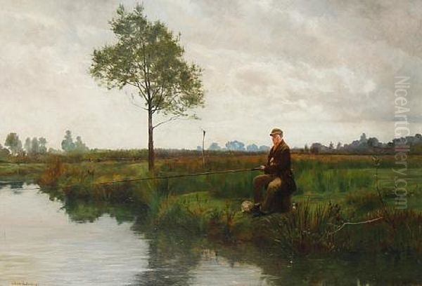 The Angler (+ A Pegged-down Fishing Match, Engraving; 2 Works) Oil Painting by Walter Dendy Sadler