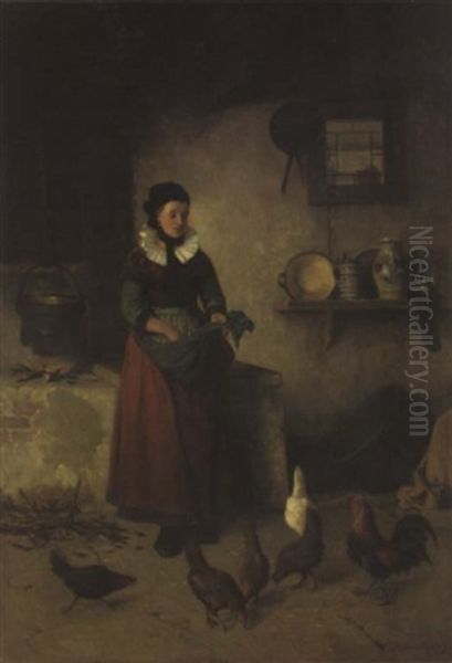 A Westphalian Peasant Girl Feeding Chickens Oil Painting by Walter Dendy Sadler