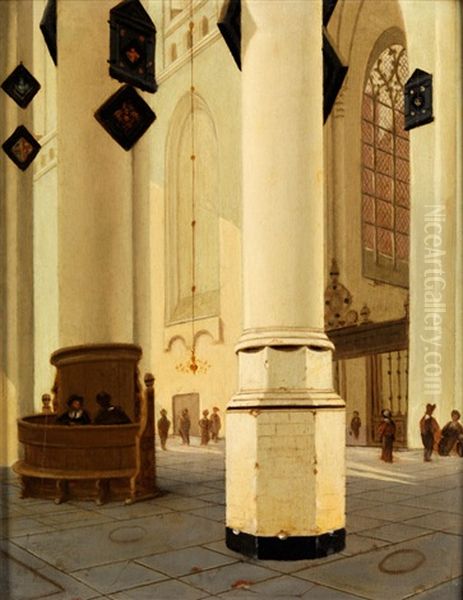 Inneres Einer Gotischen Kirche Mit Rundpfeiler Und Blick In Eine Seitenkapelle Mit Masswerkfenster Und Kapellengitter Oil Painting by Pieter Janz Saenredam