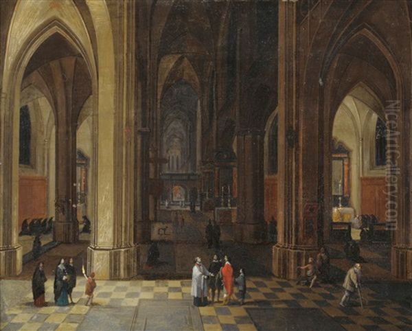 Figures In A Cathedral Interior Oil Painting by Pieter Janz Saenredam