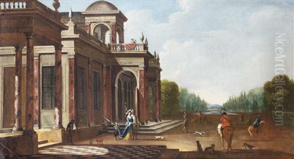 Palast Mit Schlossgarten, Vornehmem Paar Und Jagdgesellschaft Oil Painting by Jacob Ferdinand Saeys