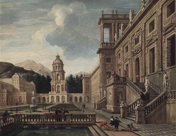 The Courtyard Of A Fantastical Palace With Figures Gathered Around A Fountain Oil Painting by Jacob Ferdinand Saeys