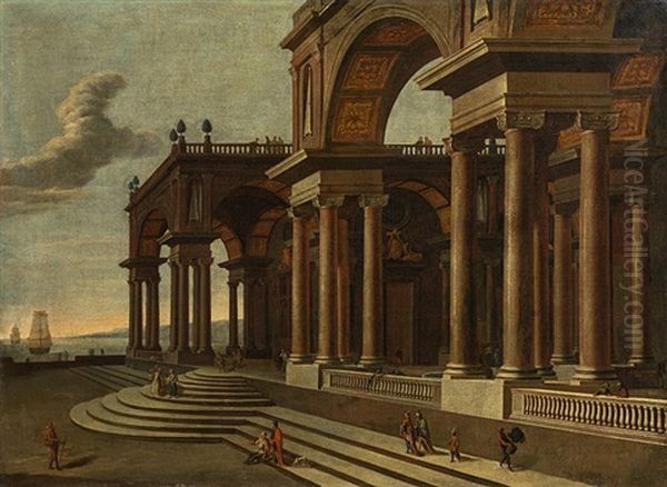 Palace Architecture In Front Of A Mediterranean Harbour Oil Painting by Jacob Ferdinand Saeys