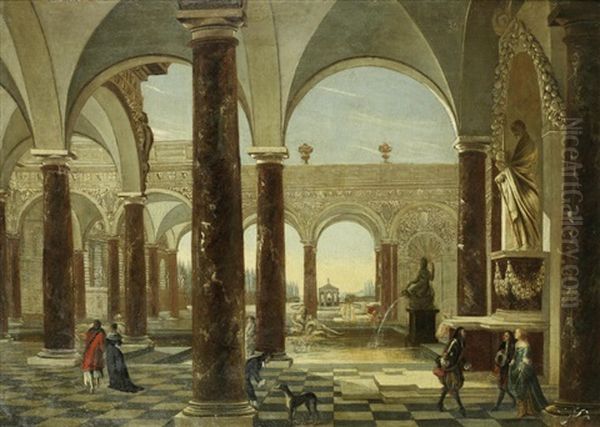 Elegant Figures In An Architectural Capriccio Oil Painting by Jacob Ferdinand Saeys