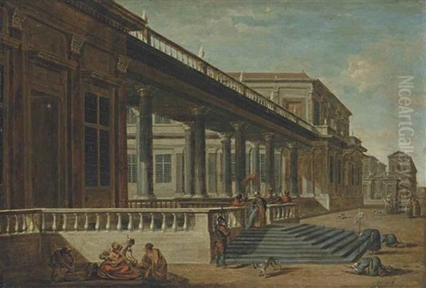 A Capriccio Of A Palace Terrace With A Family Of Mendicants In The Foreground, A Pasha And His Retinue Beyond Oil Painting by Jacob Ferdinand Saeys