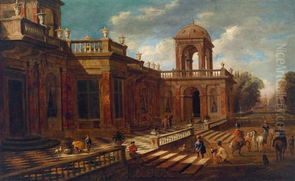 A Capriccio With The View Of A Palace And Mounted Huntsmen Oil Painting by Jacob Ferdinand Saeys