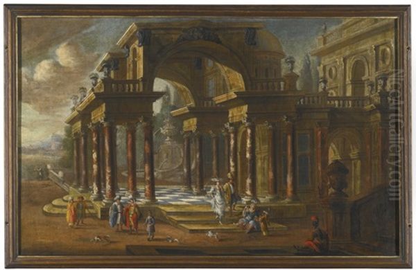 Capriccio Architectural Scenes With Elegant Figures Promenading (2 Works) Oil Painting by Jacob Ferdinand Saeys