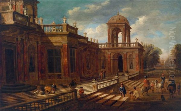 Capriccio Mit Blick Auf Ein Antikes Landhaus Mit Jagern Zu Pferde Oil Painting by Jacob Ferdinand Saeys