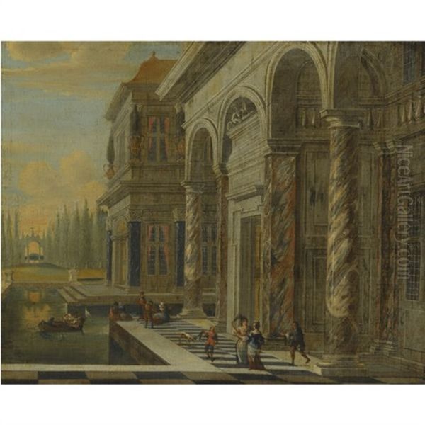 An Architectural View With Elegant Figures Conversing Oil Painting by Jacob Ferdinand Saeys