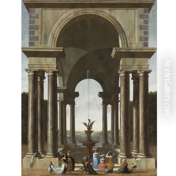 A Classical Portico With An Elegant Company Gathered By A Fountain Oil Painting by Jacob Ferdinand Saeys