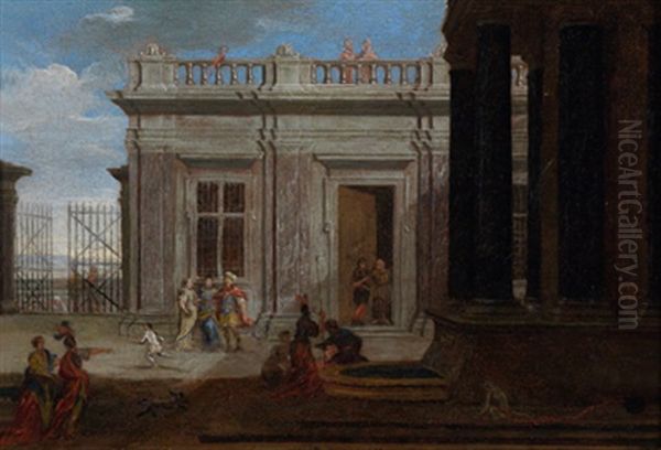 Handler Und Flaneure Vor Einer Eleganten Architekturkulisse Auf Einer Hafenpyromenade (+ Eine Hofische Gesellschaft Im Hof Eines Schlosses; 2 Works) Oil Painting by Jacob Ferdinand Saeys