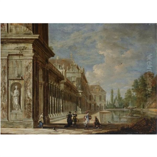 A Palace Capriccio Beside A Fountain With A Soldier And Elegant Figures In The Foreground Oil Painting by Jacob Ferdinand Saeys