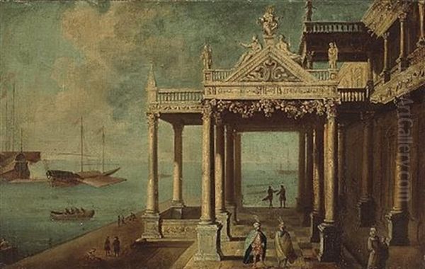 A Capriccio View With Figures Conversing Under The Portico Of A Palace Oil Painting by Jacob Ferdinand Saeys