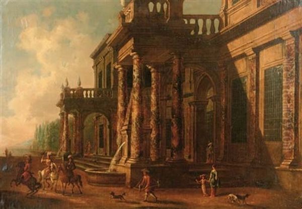 A Classical Villa With Elegant Figures On A Falconry Hunt Oil Painting by Jacob Ferdinand Saeys