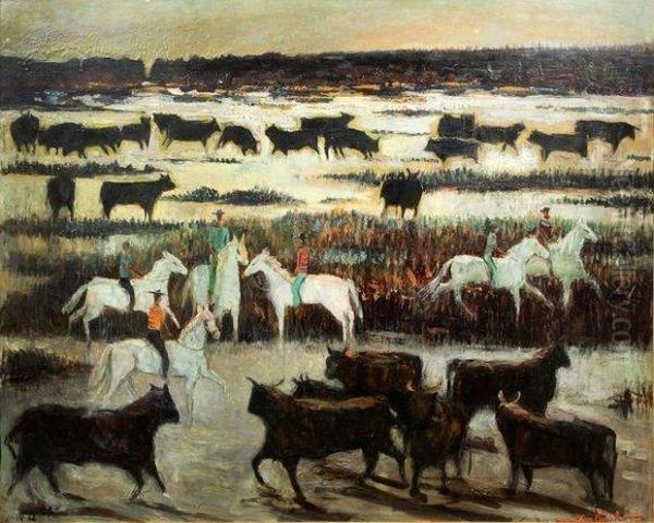 Chevaux Et Taureaux Camarguais Oil Painting by Pierre Boudet