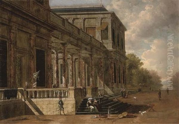 A Palace With Elegant Company Conversing In A Garden, A Lake Beyond Oil Painting by Jacob Ferdinand Saeys