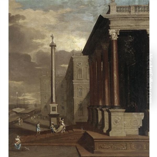 An Architectural Capriccio With Elegant Figures Oil Painting by Jacob Ferdinand Saeys