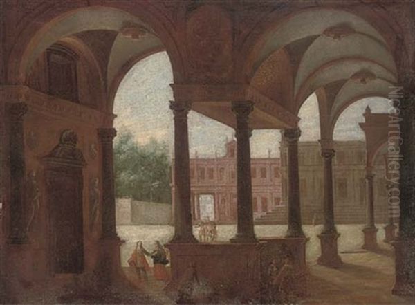 A Capriccio Of A Palace Courtyard With Figures Conversing Oil Painting by Jacob Ferdinand Saeys