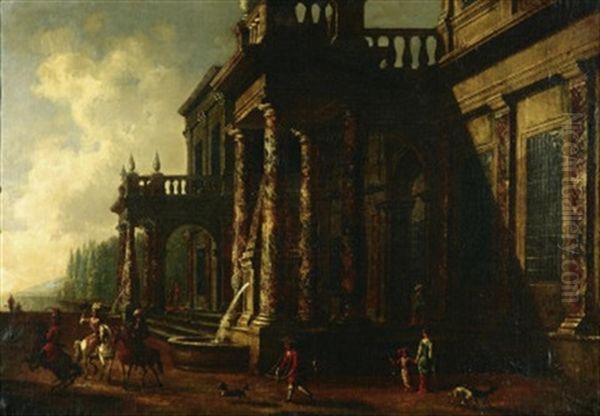 Palast Am Meer. Blick Auf Eine Offene Saulenhalle Mit Brustung Und Ballustrade Vor Einem Renaissancepalast. Figurenstaffage Oil Painting by Jacob Ferdinand Saeys