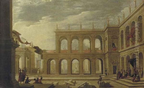 A Classical Palace With Elegant Figures In A Piazza Oil Painting by Jacob Ferdinand Saeys