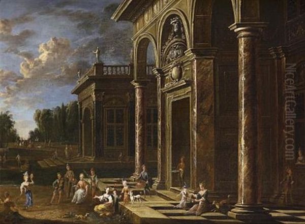 An Architectural Capriccio With Elegant Figures On The Steps Of A Palace (+ An Architectural Capriccio With Figures Before A Loggia; Pair) Oil Painting by Jacob Ferdinand Saeys