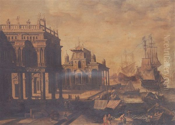 A Mediterranean Seaport, With Shipping In The Harbour And Figures On The Quayside Oil Painting by Jacob Ferdinand Saeys