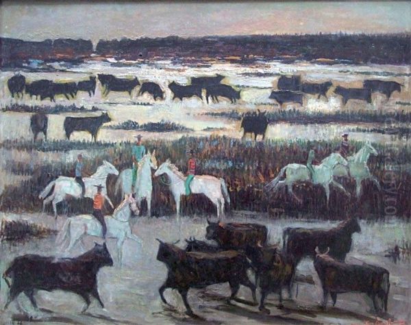 Chevaux Et Taureaux Camarguais Oil Painting by Pierre Boudet