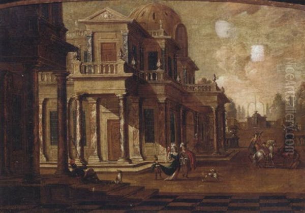 A Capriccio Of A Classical Palace With Elegant Company And Falconers Oil Painting by Jacob Ferdinand Saeys