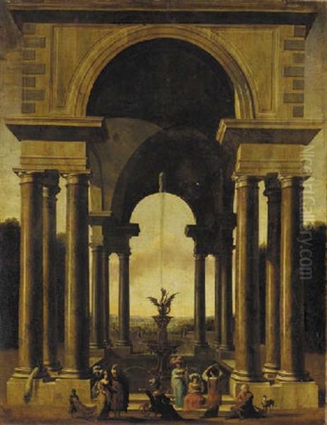 A Classical Portico With An Elegant Company Gathered By A Fountain by Jacob Ferdinand Saeys