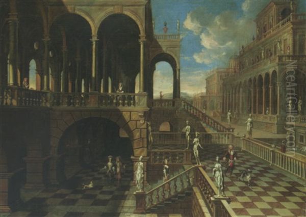 An Architectural Capriccio With Elegant Figures Promenading Oil Painting by Jacob Ferdinand Saeys