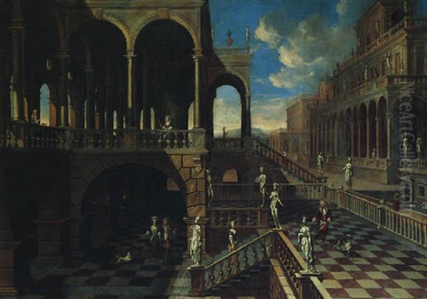 An Architectural Capriccio With Elegant Figures Promenading Oil Painting by Jacob Ferdinand Saeys