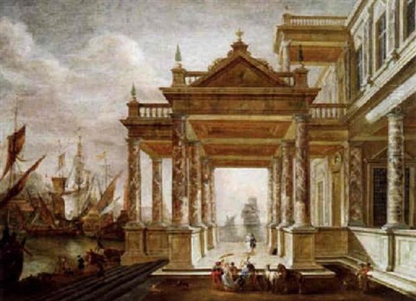 Renaissancepalast In Einem Sudlichen Hafen Mit Ankernden Schiffen Und Eleganten Figuren by Jacob Ferdinand Saeys