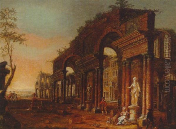 Peasants Amongst Classical Ruins Oil Painting by Jacob Ferdinand Saeys