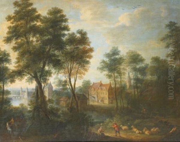 A Wooded River Landscape With Elegantly Dressed Figures On Horseback And A Shepherd And Sheperdess With Their Flock Near A Village Oil Painting by Adriaen Frans Boudewijns