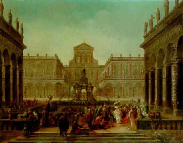 The Courtyard Of A Baroque Palace With An Oriental Queen And Other Figures Oil Painting by Jacob Ferdinand Saeys