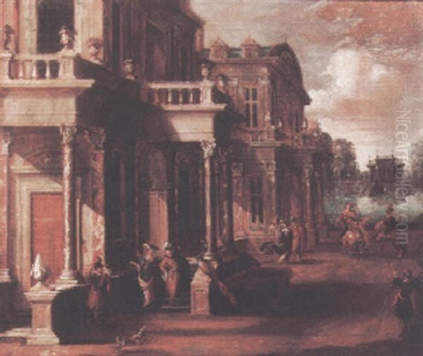 Grunds Of A Palace With Figures Promenading, An Ornamental Garden Beyond Oil Painting by Jacob Ferdinand Saeys