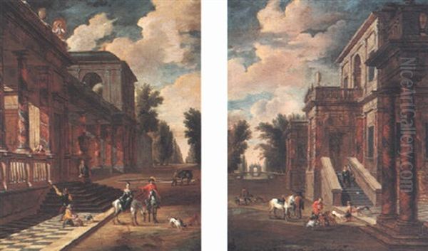 Capriccio View Of Villas With Figures From A Hunting Party Oil Painting by Jacob Ferdinand Saeys