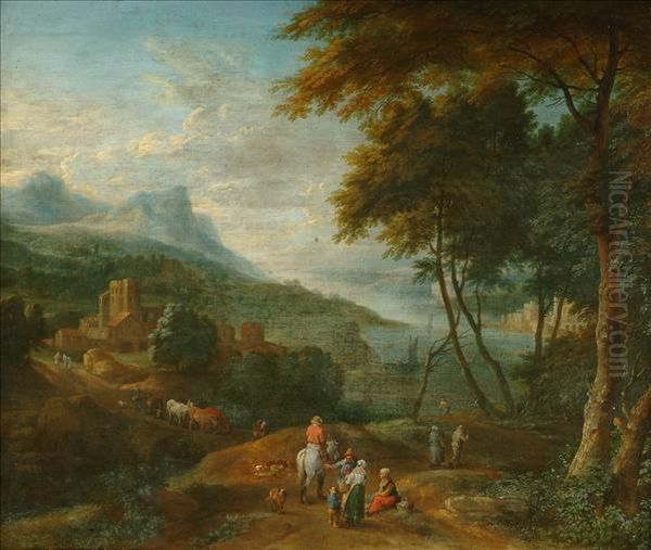 Boudewijns And Pieter Bout An Extensive River Landscape With Figures Around A Village With A Town In The Distance An Extensive Mountainous Landscape With Figures Before A Building A Pair Oil Painting by Adriaen Frans Boudewijns