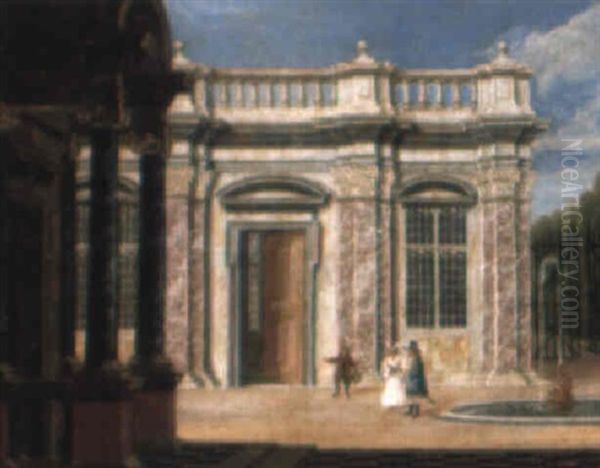 A Palace Courtyard With An Elegant Couple And A Page Oil Painting by Jacob Ferdinand Saeys